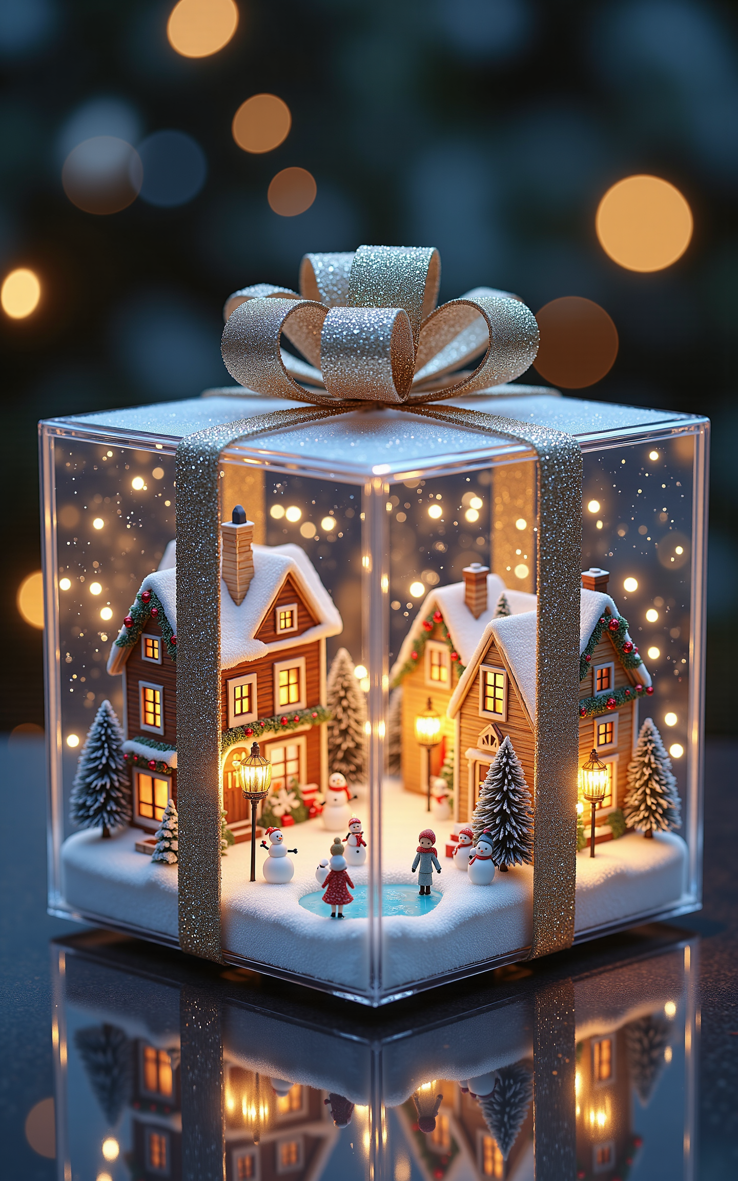 A crystal-clear transparent gift box containing a tiny Christmas-themed village. Inside the box, charming cottages with snow-covered roofs are adorned with festive decorations like garlands, golden ornaments, and sparkling string lights. The setting includes a frozen lake for ice skating, miniature street lamps glowing warmly, and small figurines building snowmen. The environment is lit with soft, magical lighting, emphasizing the intricate details of the miniature world. The gift box is placed on a reflective surface, enhancing its fantastical appeal. <lora:aidmaMJ6.1v0.4:0.6> aidmaMJ6.1