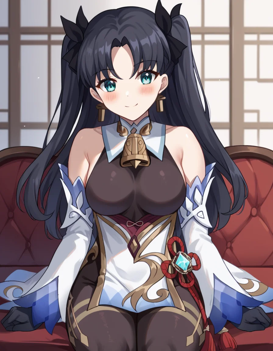score_9, score_8_up, score_7_up, source_anime, <lora:carnivalphantasm-rin-tohsaka-ova-ponyxl-lora-nochekaiser:1>, rin tohsaka, aqua eyes, black hair, hair ribbon, long hair, ribbon, sidelocks, two side up, parted bangs, medium breasts,, <lora:genshin-ganyu-cosplay-ponyxl-lora-nochekaiser:1>, genshin ganyu cosplay, ganyu (genshin impact) (cosplay), gloves, bare shoulders, detached sleeves, black gloves, bell, bodysuit, neck bell, black bodysuit, vision (genshin impact), bodystocking, cowbell, chinese knot,, indoors, sitting, smile, blush,, cowboy shot, looking at viewer, , dutch angle, cowboy shot