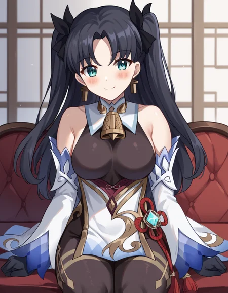score_9, score_8_up, score_7_up, source_anime, <lora:carnivalphantasm-rin-tohsaka-ova-ponyxl-lora-nochekaiser:1>, rin tohsaka, aqua eyes, black hair, hair ribbon, long hair, ribbon, sidelocks, two side up, parted bangs, medium breasts,, <lora:genshin-ganyu-cosplay-ponyxl-lora-nochekaiser:1>, genshin ganyu cosplay, ganyu (genshin impact) (cosplay), gloves, bare shoulders, detached sleeves, black gloves, bell, bodysuit, neck bell, black bodysuit, vision (genshin impact), bodystocking, cowbell, chinese knot,, indoors, sitting, smile, blush,, cowboy shot, looking at viewer, , dutch angle, cowboy shot