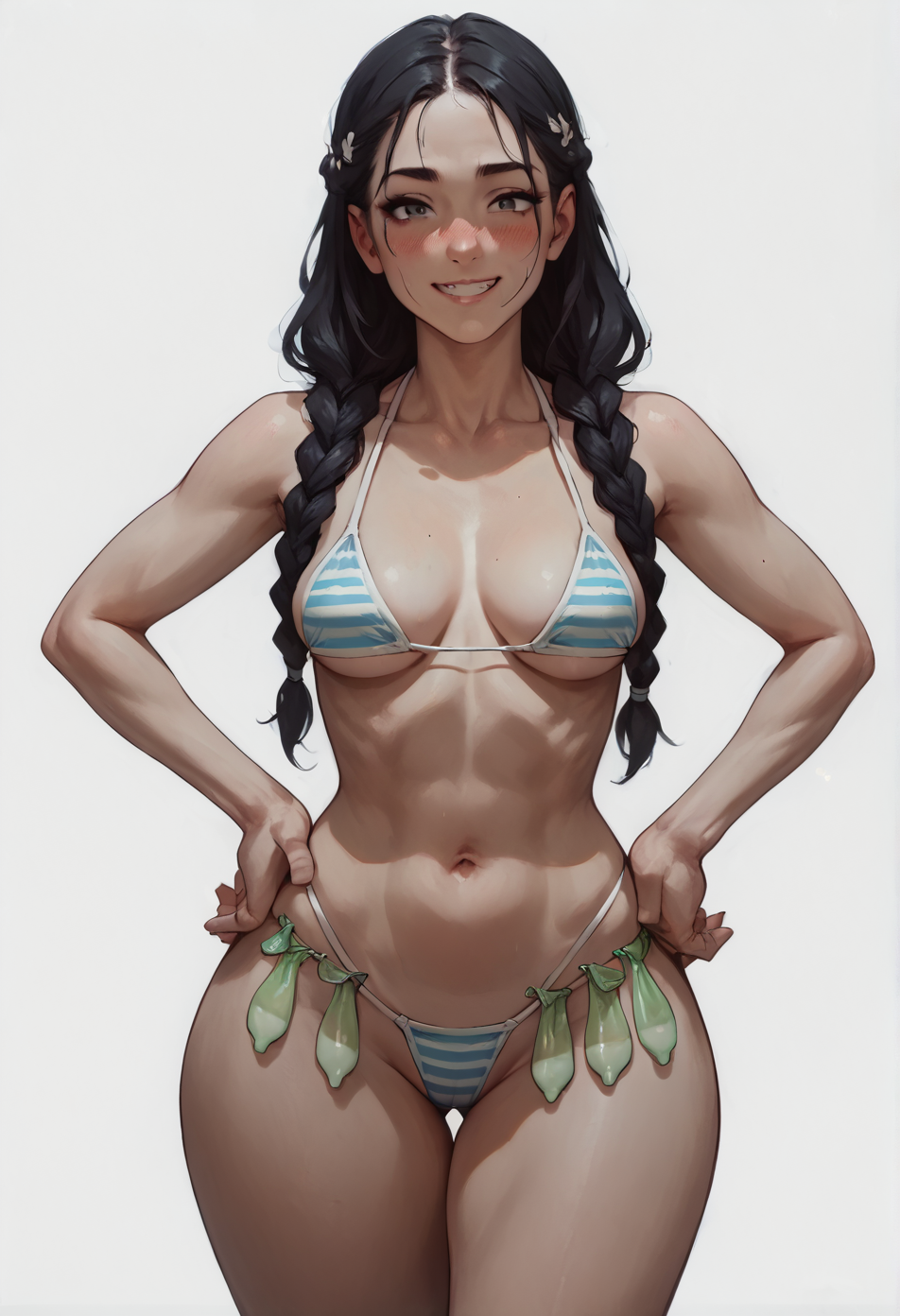 score_9, score_8_up, score_7_up, score_6_up, score_5_up, score_4_up,
1 girl,  view from front,
standing, hands on own hips,
looking at the viewer, smile, blush,
braid, long hair, black hair,
medium breasts, narrow waists, wide hips,
striped bikini, string bikini,
condom belt,
white background, simple background,
<lora:Concept_XL_Pony_Condom_Belt:1>  <lora:Concept Art Twilight Style SDXL_LoRA_Pony Diffusion V6 XL:1>