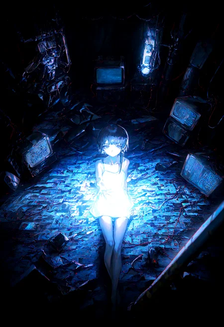 masterpiece, best quality, amazing quality, very aesthetic, absurdres,  newest, soft lighting, dark light,
1girl, iwakura lain,  solo,  thigh_gap , dark_background, cable, looking_at_viewer ,pile , spaghetti_strap , utility_pole,wire, monitor,entangled, digital_rain,wide shot, from above, outstretched hand, white camisole ,
optical illusion,yoneyama mai,quasarcake:0.7, rolua, negative space, cinematic shot, very awa, science fiction,matrix, code, digital,computer, glitch, covered  in wire, , wild shot,
<lora:cfg_scale_boost:0.7>, <lora:illustrious_noobai_epsilon_pred_11_very_aesthetic_v1:0.6>, <lora:illustrious_noobai_epsilon_pred_1_masterpieces_v1:0.6>, <lora:illustrious_noobai_epsilon_pred_1_best_quality_v1:0.6>, <lora:Lain_PonyXLv3:0.7>, <lora:Code__Digital_World_Morph_v2_PONY_XL_by_UOC:0.7>, <lora:USNR STYLE_XL_loha:0.7>