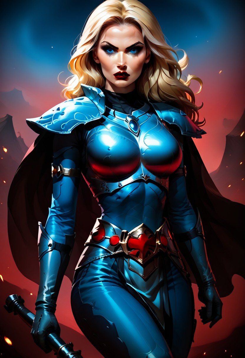MILF, 32 years old, blonde hair, black leather vampire cape, sloppy wavy hair, sexy red boots, revealing outfit, red lips, mascara, eyelashes, hourglass figure, strong, big blue eyes, seductive, mature female, m1lfm3t3r, anezaki mamori, masterpiece, highest quality, realistic skin texture:1.5, high, tear shaped boobs, drow ranger, drow ranger \(dota2\), Masterpiece, 32k, photorealistic:1.4, score_9, score_8_up, score_7_up, small waist, wide hips, high cheekbones, oval face, slim waist, wide hips, thick thighs, full hips, DARK SIDE \(PICTURE BOOK\), NO FACE, colorful background, vivid colors, volumetric light, cinematic light, extremely detailed, bgbrda, top, bodysuit, helmet, armlet, bracelet, gloves, chainmail, skirt, boots, holding weapon, holding rod, eldar, armor, dynamic pose.