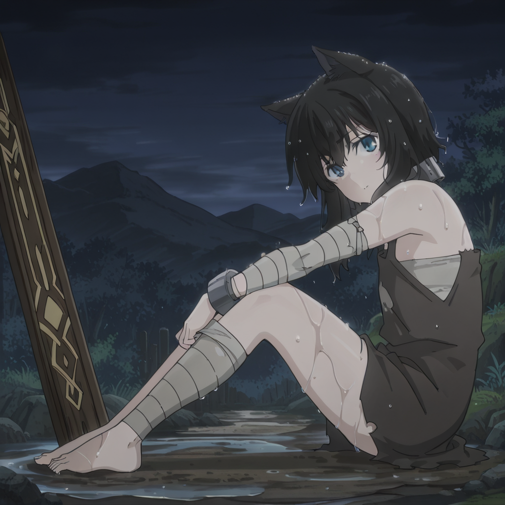 nsfw, masterpiece,best quality,amazing quality,1girl, solo, reincarnated_as_a_sword_fran, full body, animal ears, blue eyes, black hair, bandages, cat ears, wet, looking at viewer, sky, bare shoulders, wet hair, bandaged arm, night, outdoors, from side, ruin, <lora:Fran_-_Reincarnated_as_a_Sword:0.7>