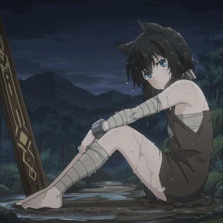 nsfw, masterpiece,best quality,amazing quality,1girl, solo, reincarnated_as_a_sword_fran, full body, animal ears, blue eyes, black hair, bandages, cat ears, wet, looking at viewer, sky, bare shoulders, wet hair, bandaged arm, night, outdoors, from side, ruin, <lora:Fran_-_Reincarnated_as_a_Sword:0.7>