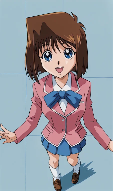 TG, 1girl, solo, brown hair, short hair, blue eyes, pink school uniform, blue skirt, blue bowtie, white socks, brown loafers, full body, anime coloring, smile looking at viewer, from above, open mouth, blue background, blank background, <lora:Tea Gardner Pony XL:1>