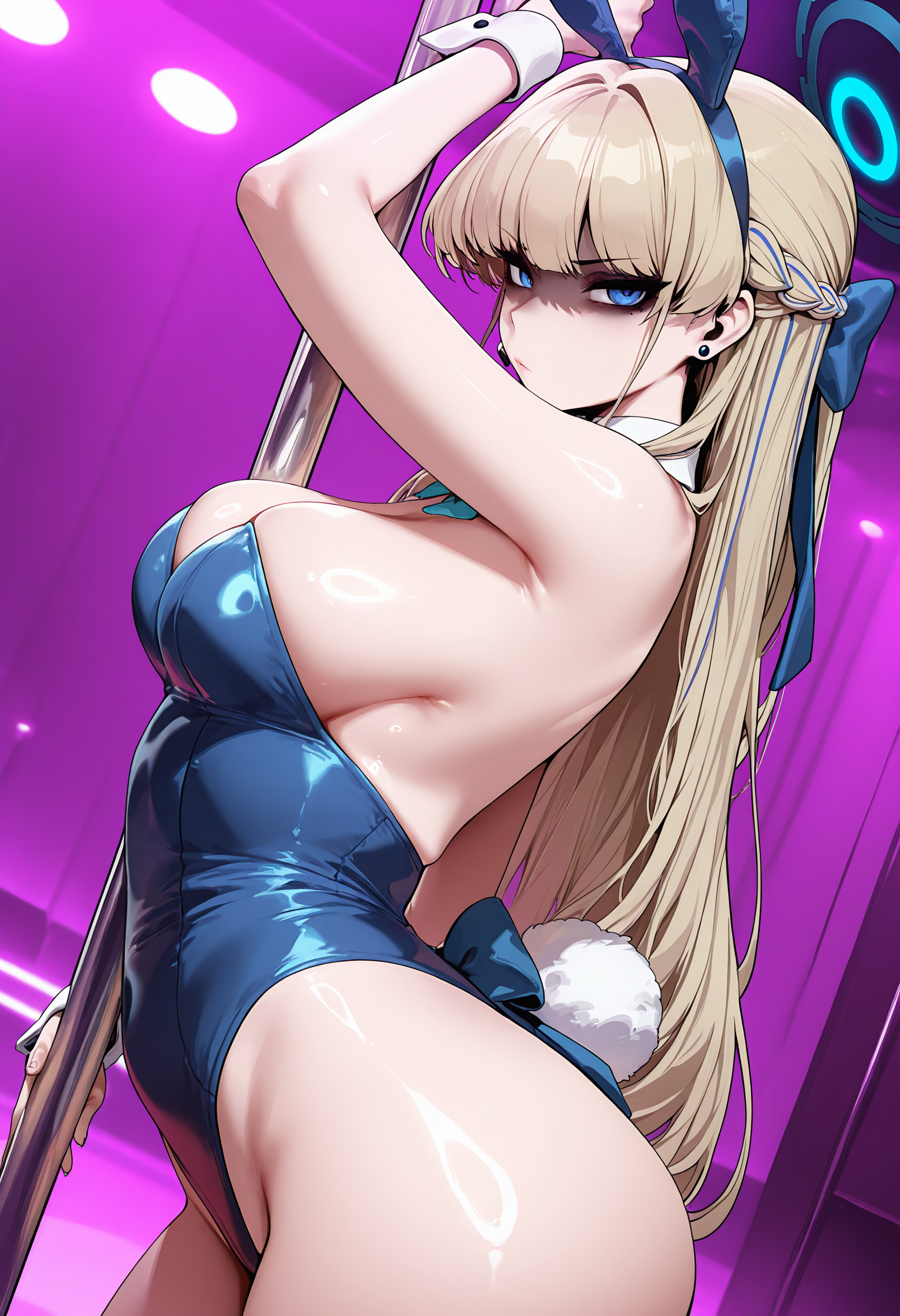 1girl, solo, toki \(blue archive\), toki \(bunny\) \(blue archive\), blue archive, playboy bunny, shiny skin, glaring, black eyeshadow, looking at viewer, from side, arched back, stripper pole, nightclub, indoors, j.k., marushin \(denwa0214\), kittew,
masterpiece, best quality, amazing quality, absurdres <lora:Illustrious_Glossy_Skin_V2:1>