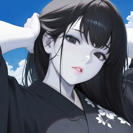1girl, sky, black hair, long hair, masterpiece, black eyes, Yuki-Onna, colored skin, (white skin:1.3), parted lips, looking at viewer, kimono, black kimono, floral print, outdoors, arms behind head, adjusting hair, cloud, volumetric lighting, blue sky, portrait, upper body,