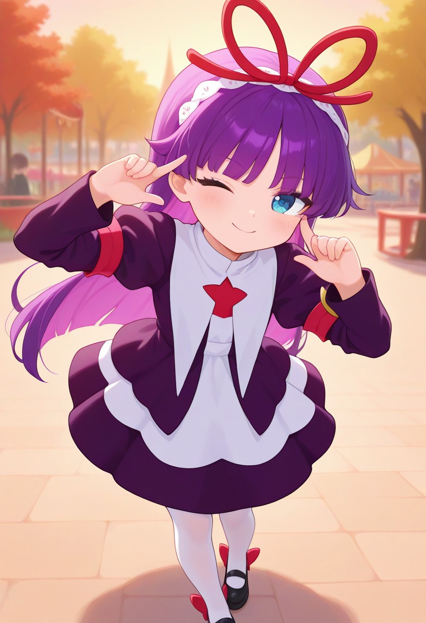 <lora:PFeli_SDXL_Illustrious01_fp16_ver01:1>,PFeli, 1girl, long hair,purple hair, white pantyhose, dress,red ribbon, blue eyes, black footwear, long sleeves, red bow, hairband, cute pose, smile, wink, standing, amusement park, look at viewer, lovely, cute, adorable, newest, masterpiece, best quality, very aesthetic, absurdres,<lora:detailed_hands:1>,hand