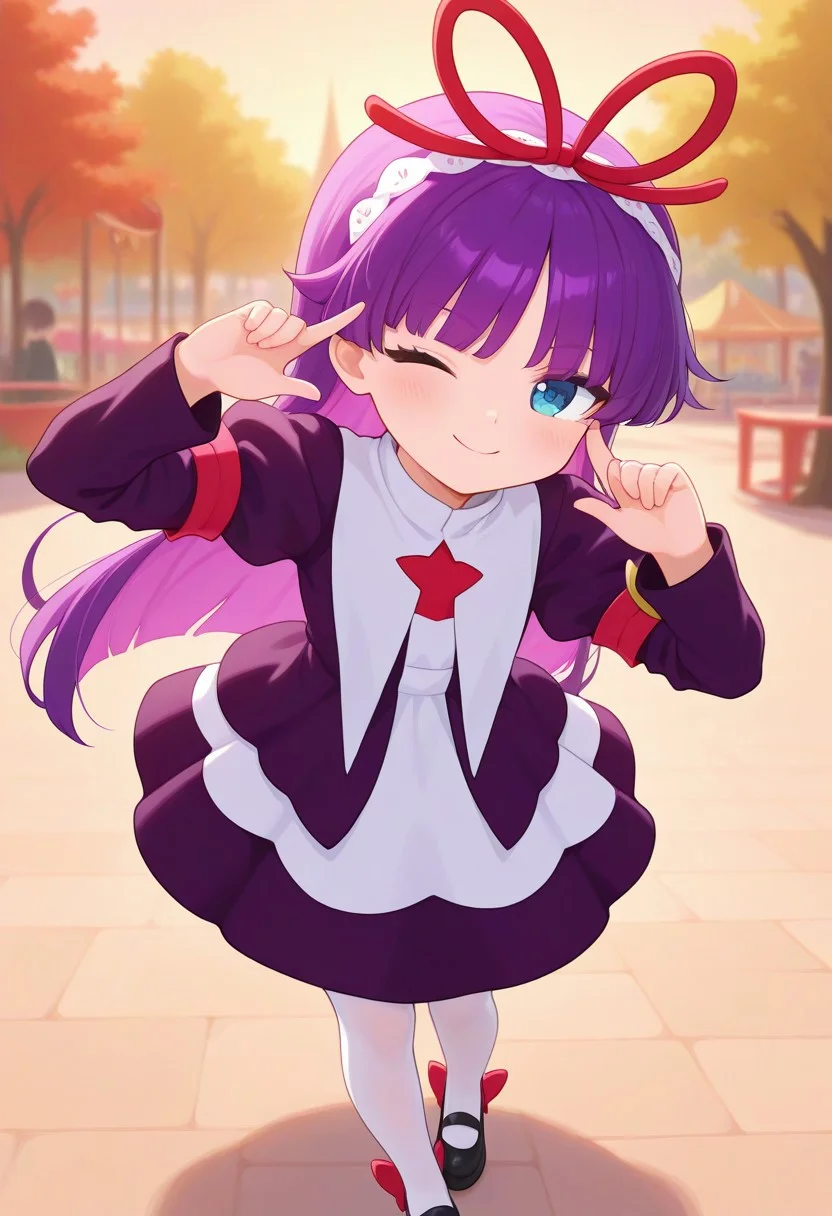 <lora:PFeli_SDXL_Illustrious01_fp16_ver01:1>,PFeli, 1girl, long hair,purple hair, white pantyhose, dress,red ribbon, blue eyes, black footwear, long sleeves, red bow, hairband, cute pose, smile, wink, standing, amusement park, look at viewer, lovely, cute, adorable, newest, masterpiece, best quality, very aesthetic, absurdres,<lora:detailed_hands:1>,hand