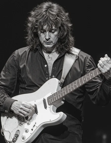 <lora:RICHIE_BLACMORE:1>, This is a black-and-white photograph capturing a man with long, wavy, unkempt hair, possibly in his mid-30s to mid-40s, holding an acoustic guitar. He has a serious expression on his face, looking directly at the camera. The man is wearing a dark, leather jacket that appears worn and textured, with a slight sheen to it. He has a simple necklace around his neck. The guitar he is holding is a six-string acoustic guitar with a natural wood finish. The guitar neck is visible, with the strings extending towards the camera. The background is out of focus, providing a stark contrast to the subject and the guitar, which are sharply in focus. The image has a vintage feel, possibly from the 1970s or 1980s, judging by the clothing style and the overall look of the photograph. The lighting is natural, suggesting an outdoor or indoor setting with natural light. The photograph is a candid moment, capturing a musician in a relaxed and focused state, likely during a performance or rehearsal. The texture of the leather jacket and the roughness of the man's hair add to the raw, authentic feel of the image.