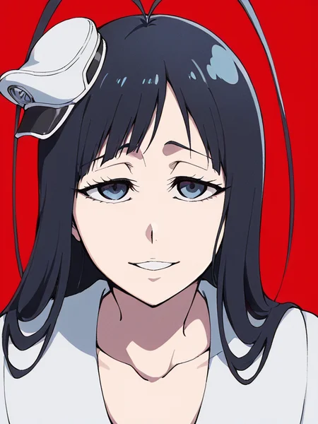 score_9, score_8_up, score_7_up,  
1boy, androgynous, giselle gewelle, blue eyes, black hair, long hair, antenna hair,

minihat, white dress, collarbone, 
face, close-up, red background,

looking at viewer, smile, parted lips, narrowed eyes,

