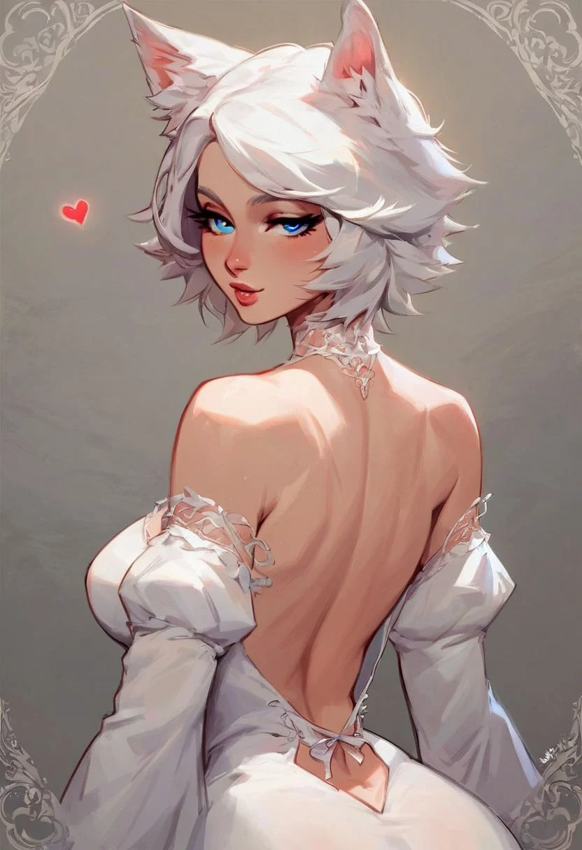 score_9, score_8_up, score_8, medium breasts,  (curvy),  wolf ears, white hair, blue eyes, pale white girl, bouncy white hair,  she is dressed in a long white dress adorned with intricate lace patterns that cascade down her body, the dress contrasts beautifully with the muted colors of the room, drawing attention to her figure. bedroom eyes, looking at viewer, heart shaped lips,  upper body, portrait, bare shoulder, back to viewer, turning,