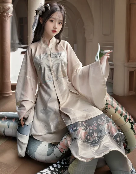 fantasy,( digital art), ultra detailed background, white HanFu, black long hair,
(full body),(((white lamia))) ,
(high detailed skin:0.8), (visible pores:0.6),
beauty,(masterpiece:1.0), (best quality:1.0), (ultra highres), (8k resolution:1.0),(realistic:1.0),(ultra detailed1:0), (sharp focus1:0), (RAW photo:1.0) ((narrow waist)) ,(arms behind back:0.2),(best illustration),
detailed eyes,cute,pretty,(pale skin:1.2), (smiling:0.8), (Grin:0.4),(looking at viewer:1),((little girl:1.3)),(happy:1.2),cute,Firm breasts,(cleavage:0.5),Perky breasts,Round breasts,Perky ass, Voluptuous breasts,
(realistic, photo-realistic:1.37), shade, ((Professional travel photos)), vibrant details, anatomical, extremely delicate and beautiful, finely detailed, masterpiece, rim lighting, (high detailed skin:1.2), soft lighting, high quality, volumetric lighting, high resolution, natural lighting, photon mapping, radiosity, physically-based rendering,