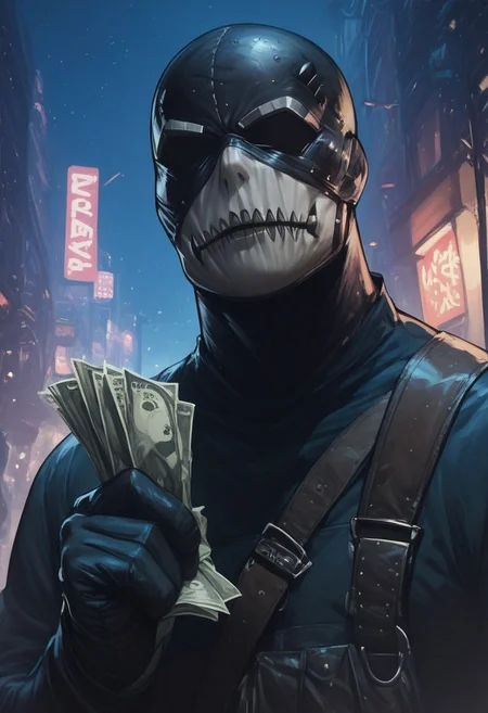 score_9, score_8_up, score_7_up, score_6_up,  1man, BLACKMURDERMASK, holding a purse full of money, night, thief, robber, bag of money, money flying out of a bag 
Expressiveh