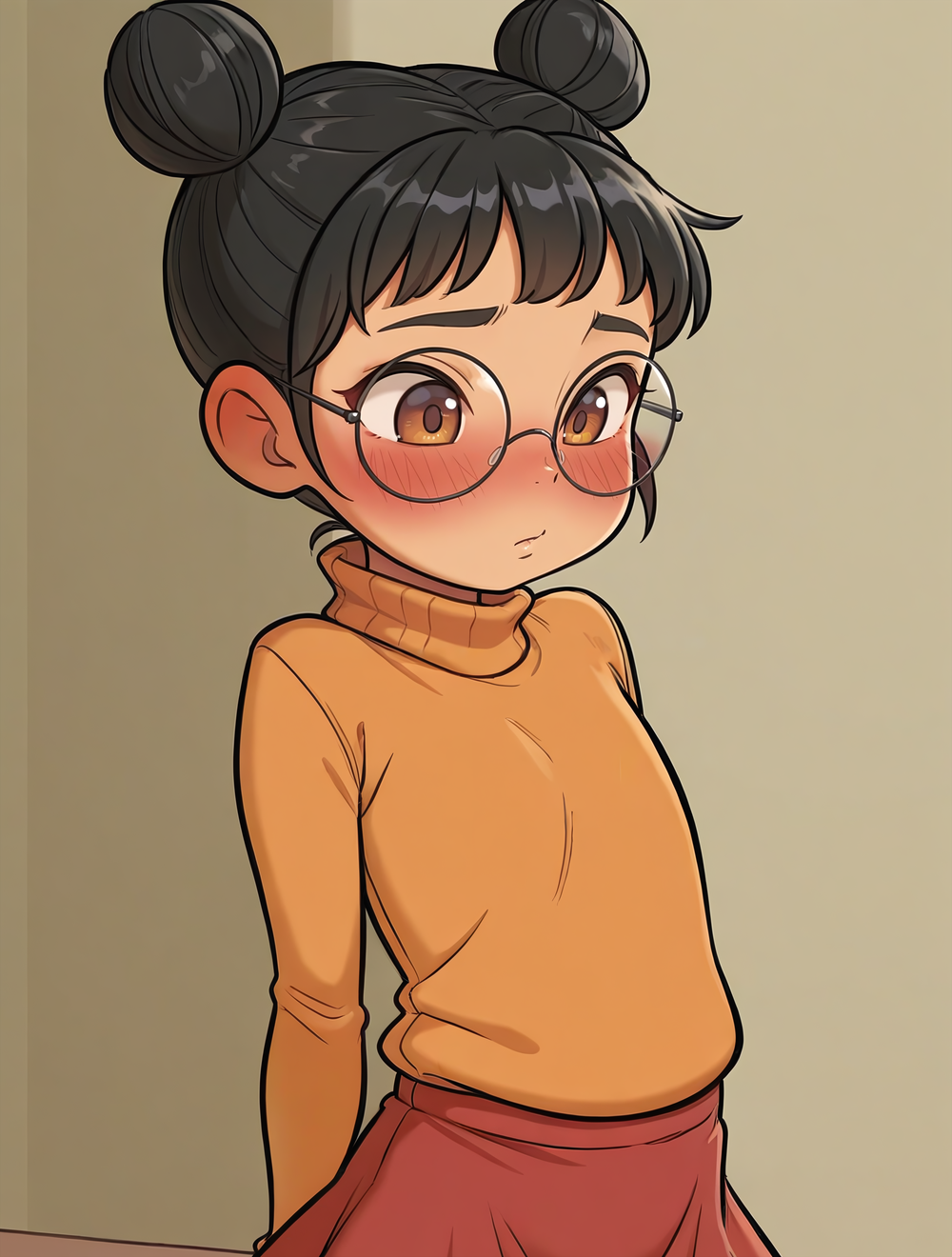 masterpiece, best quality, absurdres, 
 <lora:AshiHoIllustrious1.2:0.85> ashiho, black hair, short hair, double bun, brown eyes,
plump,
1girl, solo, orange turtleneck, red skirt, round eyewear, blush,