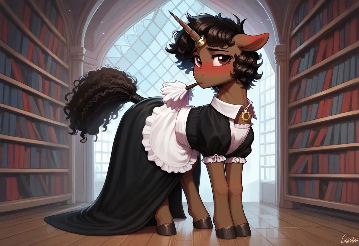 score_9, score_8_up, score_7_up, score_6_up, score_5_up, g4, pony from my little pony friendship is magic, big flanks, anatomically correct, unicorn, unicorn horn, feminine, twink, femboy, trap, feminine male, girly boy, male, chocolate brown body,chocolate brown fur, jet black mane and tail, short mane, female manestyle, short hair, curly hair, unkept hair, Hispanic hair, Hispanic, unicorn, long horn, slender, thin, femme, brown eyes, meek, timid, shy, blushing, feral, eartip blush, embarrased, meek, solo, feather duster, duster in mouth, dusting, cleaning, feather duster in mouth, facing away from viewer, looking at viewer from the corner of his eye, younger, petite, curly hair, unkept hair, Hispanic hair, short hair, mare's manestyle, female manestyle,
Indoors, mansion, library, dusty ,cobwebs, inside, manor,
Japanese maid attire, long skirt, proper maid, maid suit, iron collar, metal collar, horn ring, slave, enslaved, dubious consent, kidnapped, solo, feral