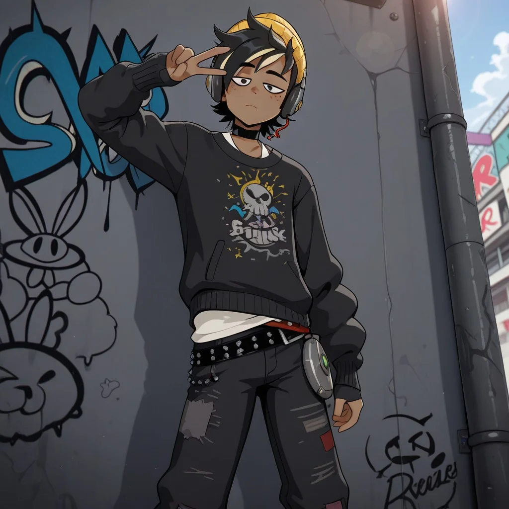 masterpiece, best quality, amazing quality, r3mifort, male, solo, human, dark skin, black hair, short hair, spiked hair, yellow highlights, black eyes, freckles, half-closed eyes, yellow beanie, headphones, black collar, wristbands, black sweater, studded belt, black jeans, ripped jeans, red sneakers, standing, one hand in pocket, peace sign, looking at viewer, outdoors, skatepark, graffiti, from below