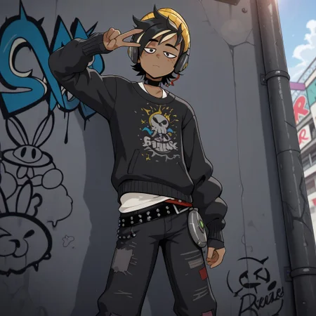 masterpiece, best quality, amazing quality, r3mifort, male, solo, human, dark skin, black hair, short hair, spiked hair, yellow highlights, black eyes, freckles, half-closed eyes, yellow beanie, headphones, black collar, wristbands, black sweater, studded belt, black jeans, ripped jeans, red sneakers, standing, one hand in pocket, peace sign, looking at viewer, outdoors, skatepark, graffiti, from below