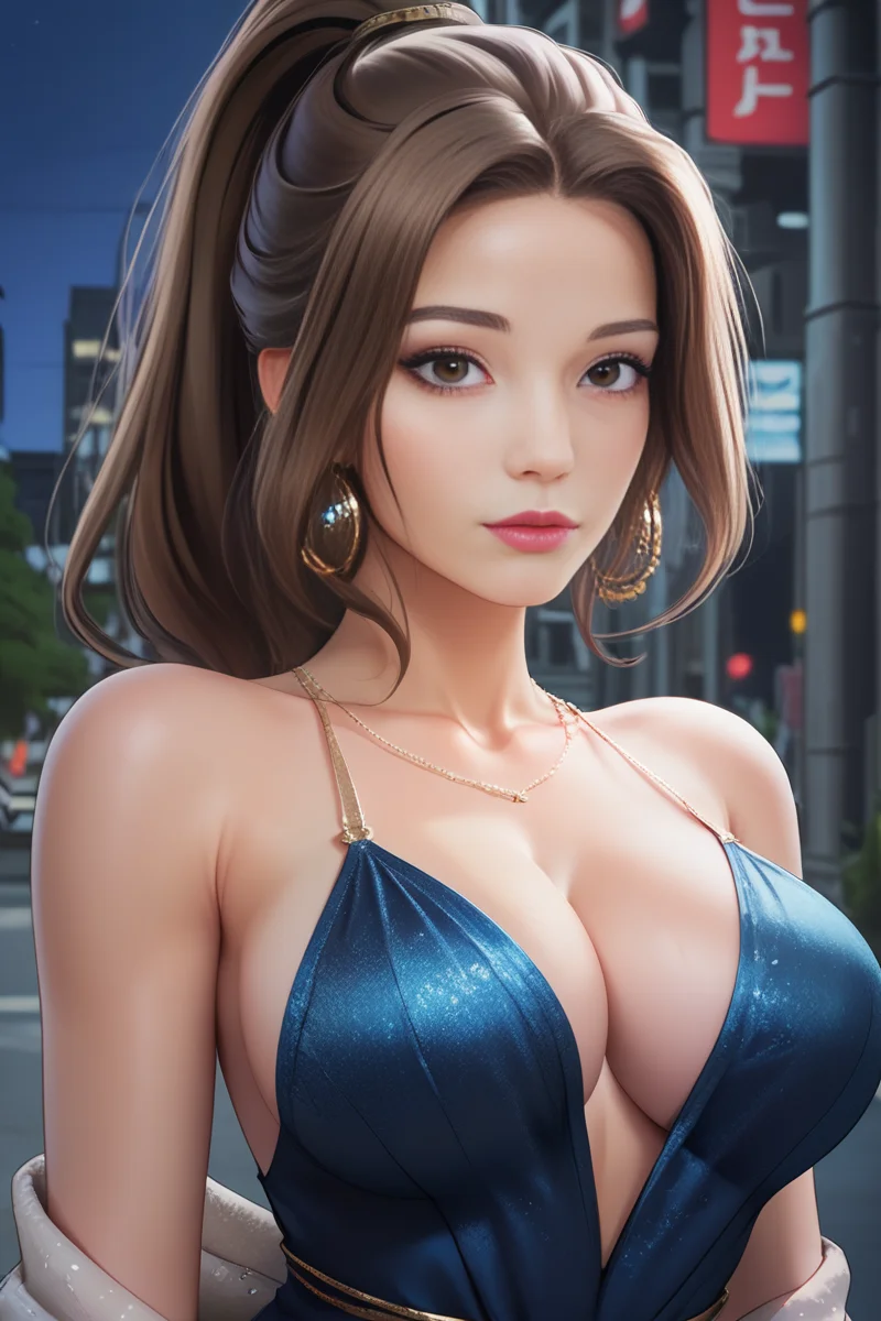 score_9, score_8, score_7, high quality, 1 woman, <lora:LeeAhnDove3:1>, LeeAhnDove, brown hair, ponytail, perfect eyes, large breasts, natural beauty, sexy body, dark blue dress, white shawl, looking at viewer, city street, late at night, realistic, high quality face, zPDXL2