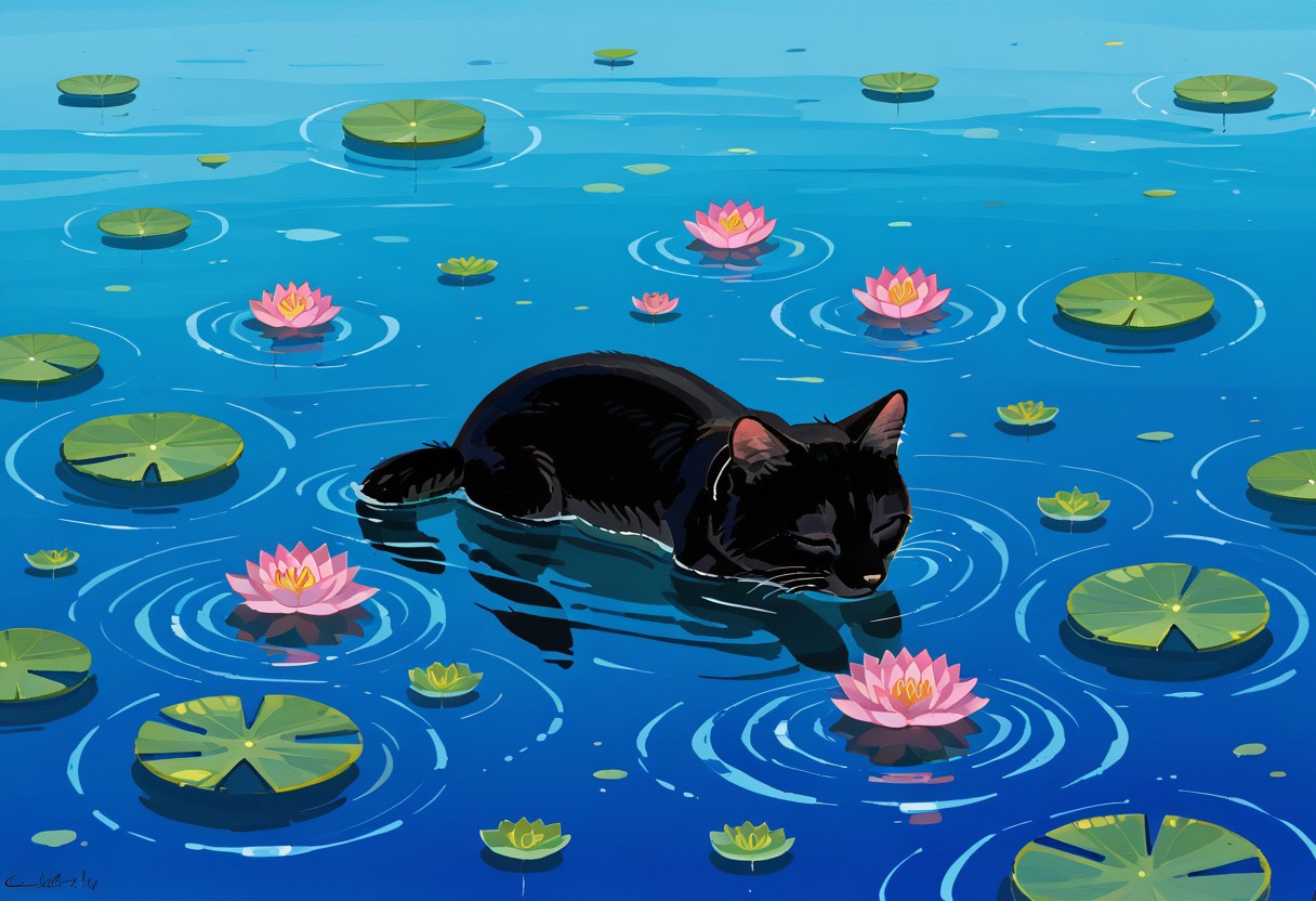Water color painting of a black kitty sleeping on a lotus leaf, (black kitten)
