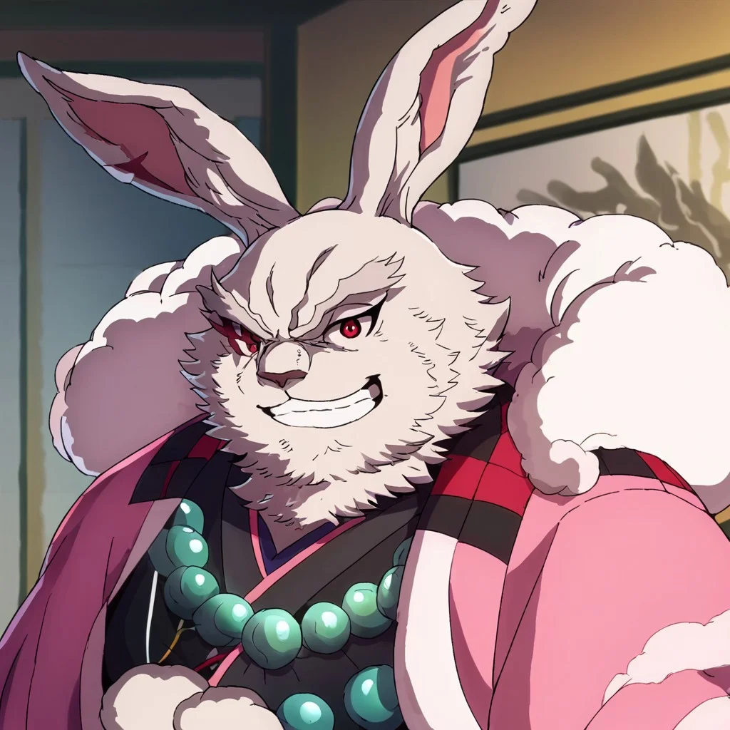 score_9, score_8_up, score_7_up, by e-zoid, Vysache, furry, 1boy, rabbit boy, rabbit ears, animal nose, one-eyed, red eyes, white fur, fat, bald,black kimono, beads, pink coat, teeth, teeth, solo, 1boy, male focus, teeth, smile, muscular, muscular male, grin, looking at viewer, furry male, colored sclera, looking at viewer
