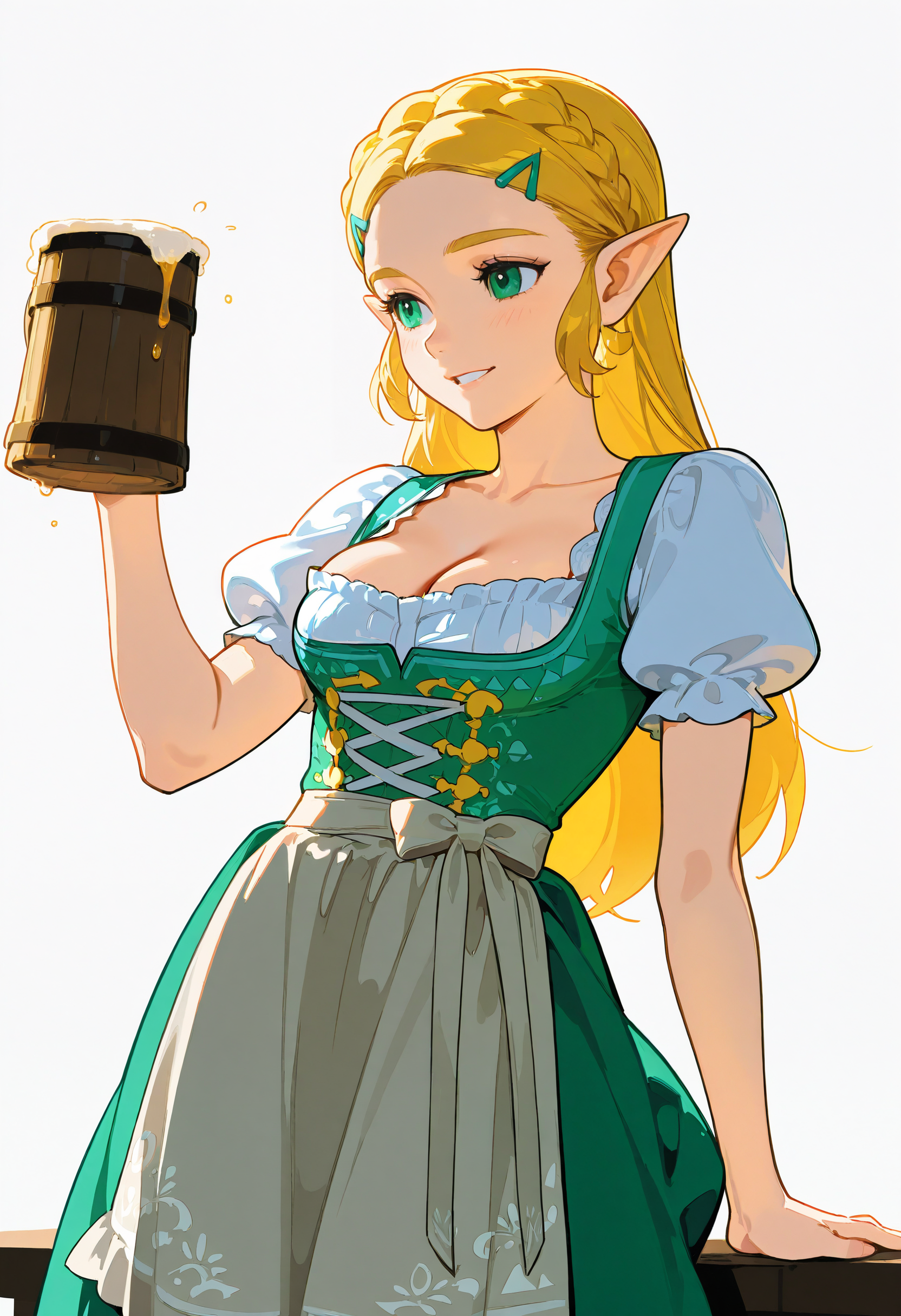 1girl, solo, dirndl dress,apron,puffy short sleeves, princess_zelda,beer mug,