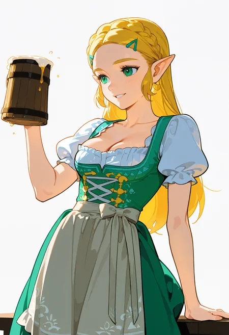 1girl, solo, dirndl dress,apron,puffy short sleeves, princess_zelda,beer mug,