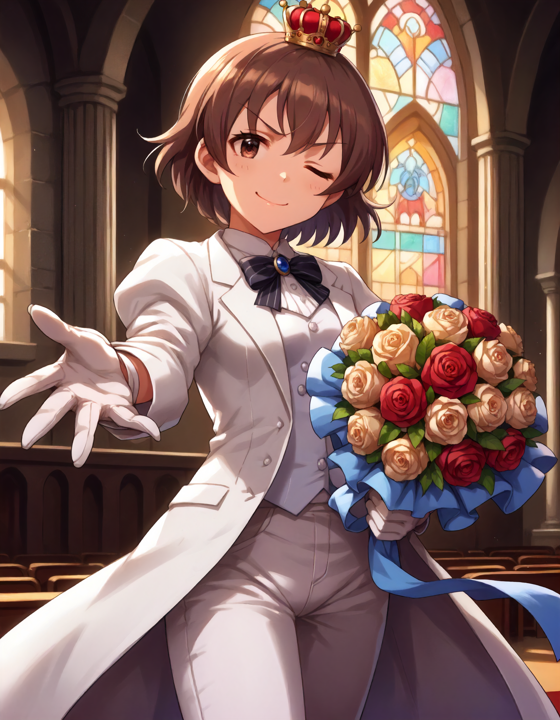 score_9,score_8_up,score_7_up,1girl,solo,standing,looking at viewer,smirk,wink,closed mouth,holding red rose bouquet,reaching towards viewer,chapel,
<lora:kitahinako_ponyXLV6:0.8>,cgkhn,brown hair,short hair,brown eyes,tareme,small breasts,
crossdressing,small crown,white tuxedo,pants,white gloves