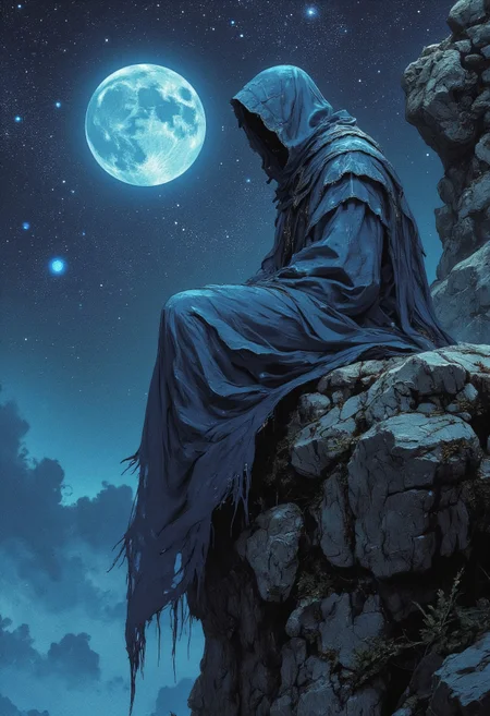 A mysterious, hooded figure draped in a long, flowing blue cloak sits solemnly on the edge of a rugged, rocky cliff. The figure’s face is hidden in deep shadow, adding an aura of enigma and solitude. The background features a vast, dark starry sky with countless shimmering stars, dominated by a large, glowing, bluish moon, casting a faint ethereal light. The rocky formations are detailed, textured, and rugged, creating a stark contrast with the smooth, almost liquid-like fabric of the cloak. The overall mood is surreal, melancholic, and otherworldly, with deep shadows and cool, muted color tones emphasizing mystery and cosmic loneliness