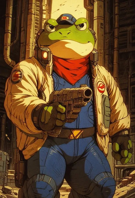 score_9, score_8, score_7, score_6, 1boy, solo, knva, retro artstyle, science fiction, Slippy Toad, chubby, anthro furry, furry male, spaceship, dynamic pose, serious, (((gun, sci-fi gun)))