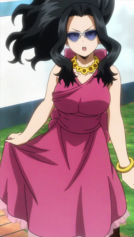 source_anime, masterpiece, best quality, amazing quality, anime screencap, high quality, 8k, absurdres, official style, 1girl, solo, standing, looking at viewer, :o, <lora:Momo_Yaoyorozu_iL:1>, m0m0 y40y0r0zu, black eyes, black hair, kamino ward outfit, alternate ponytail, long hair, magenta dress, breasts, sunglasses, boots, jewelry, necklace, bracelet,