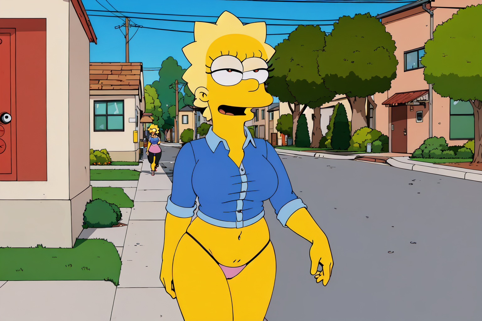 a woman with sexy body and outfit, walking in the sidewalk, (well draw eyes and eye pupil:1.2), EdobSimpsons  <lora:EdobSimpsons_v1.0:0.8>