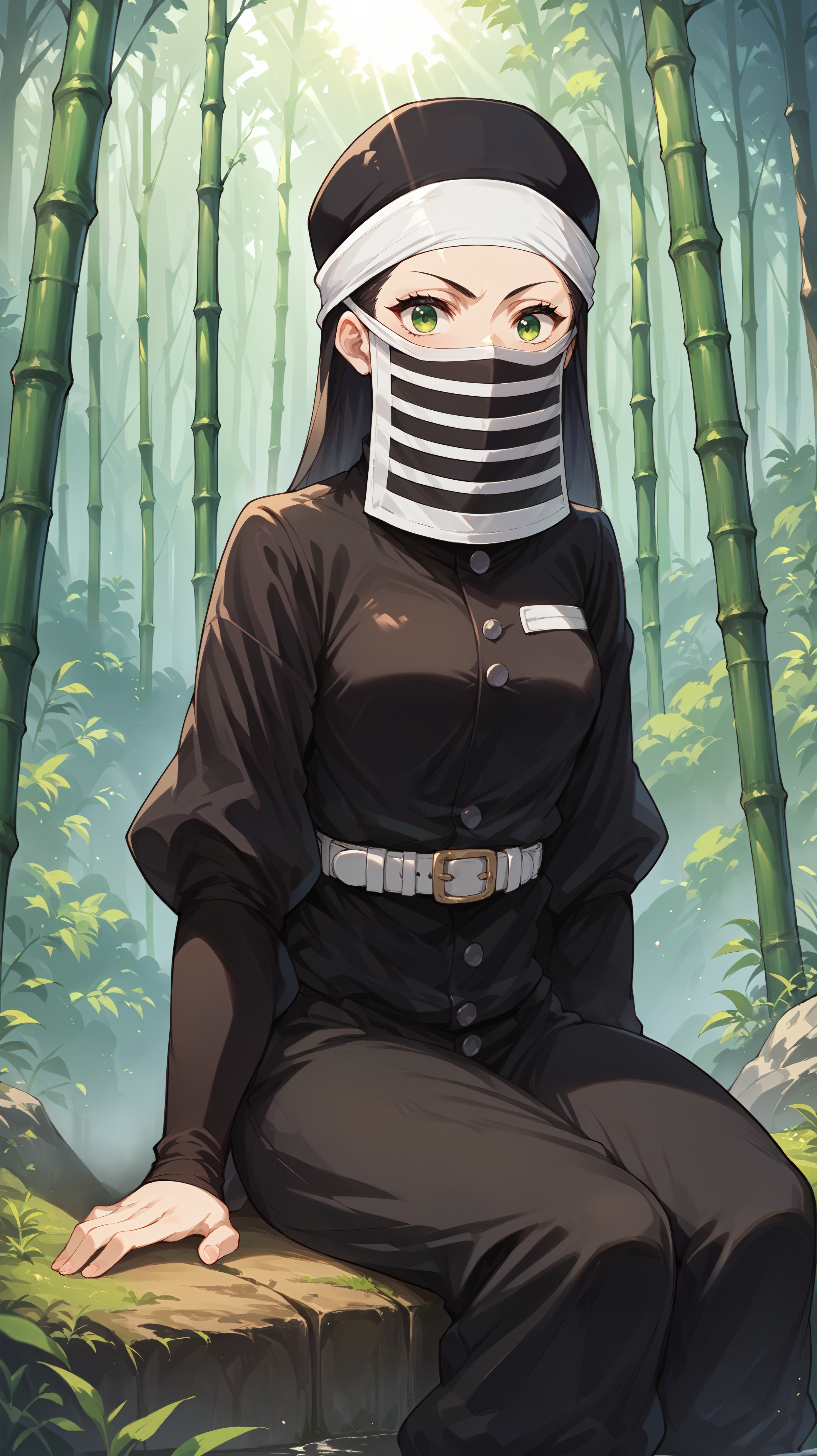 score_9,score_8_up,score_7_up,score_6_up, source_anime, zPDXL3, <lora:xl_more_art-full_v1:0.5>, girl, dynamic pose, figure four sitting, <lora:Kakushi (Girl) - Pony-000004:0.8>, green eyes, black uniform, black headwear, white headband, striped face mask, long sleeves, white belt, black pants, bamboo forest, light rays,