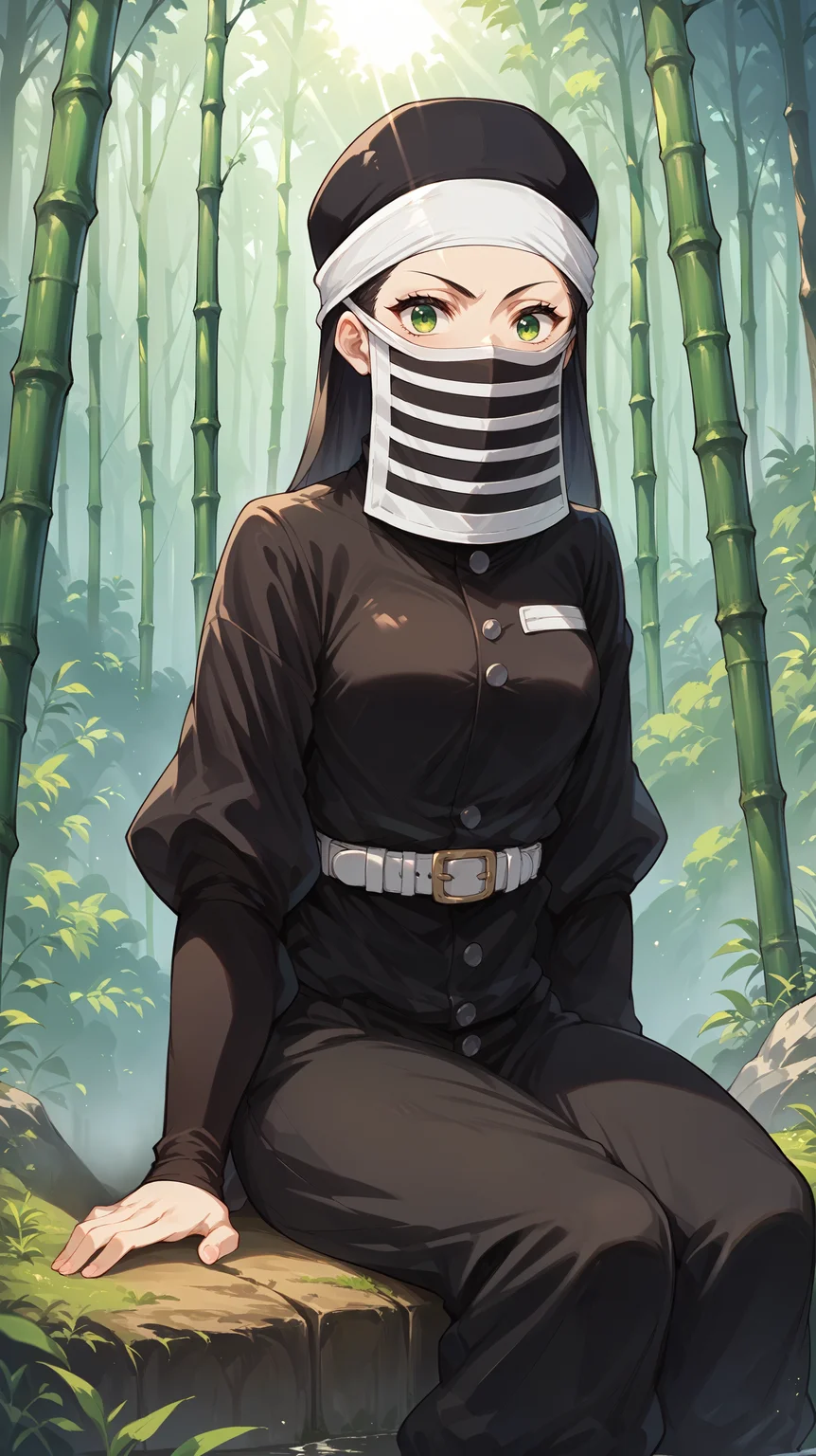 score_9,score_8_up,score_7_up,score_6_up, source_anime, zPDXL3, <lora:xl_more_art-full_v1:0.5>, girl, dynamic pose, figure four sitting, <lora:Kakushi (Girl) - Pony-000004:0.8>, green eyes, black uniform, black headwear, white headband, striped face mask, long sleeves, white belt, black pants, bamboo forest, light rays,