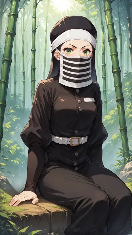score_9,score_8_up,score_7_up,score_6_up, source_anime, zPDXL3, <lora:xl_more_art-full_v1:0.5>, girl, dynamic pose, figure four sitting, <lora:Kakushi (Girl) - Pony-000004:0.8>, green eyes, black uniform, black headwear, white headband, striped face mask, long sleeves, white belt, black pants, bamboo forest, light rays,