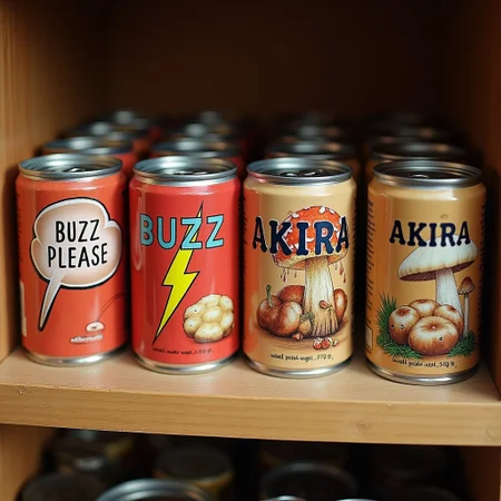 A shelf with food cans on it. One can is labeled "BUZZ PLEASE" and has a picture of a lightning bolt on it. The rest are labeled "AKIRA" with pictures of mushrooms on them.