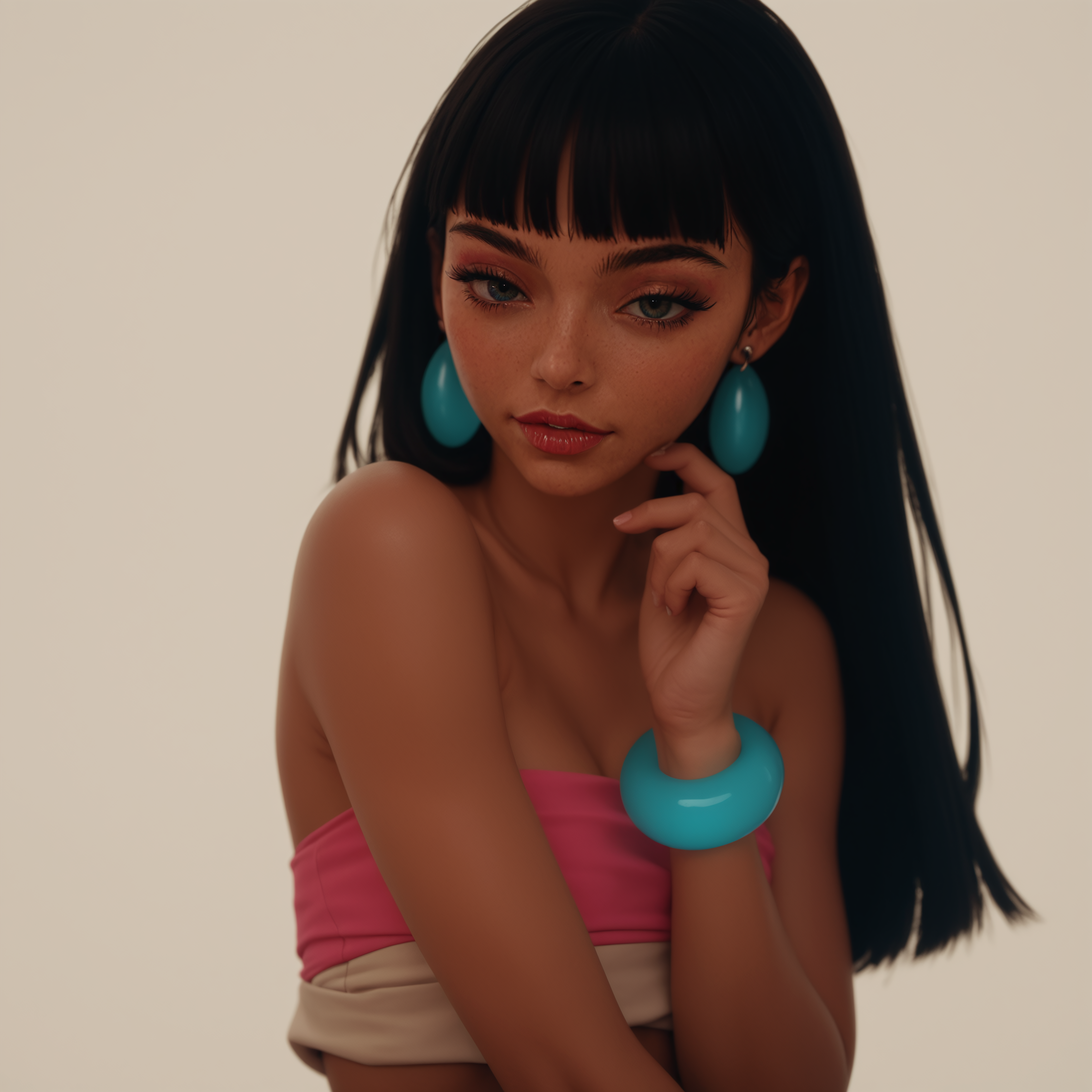 , score_9, score_8_up, score_7_up, high quality, best quality, highly detailed, 1girl, nsfw, sexy, PONY\zPDXLxxx, PONY\ffacedetailxl, PONY\zPDXL3, g0thicPXL, glowing, neon, Expressiveh, ChelXLP, dark skin, blunt bangs, long hair, black hair, jewelry, earrings, bracelets, makeup, tube top, loincloth, <lora:XL\Art Style\Disney Princess V2:1.0>, <lora:XL\Character\ChelXLP_Character-10:0.8>, <lora:XL\Art Style\IncaseLycoXL:0.5>, <lora:XL\Art Style\ExpressiveH:0.5>, <lora:XL\Art Style\Gothic_Neon_Style:0.4>