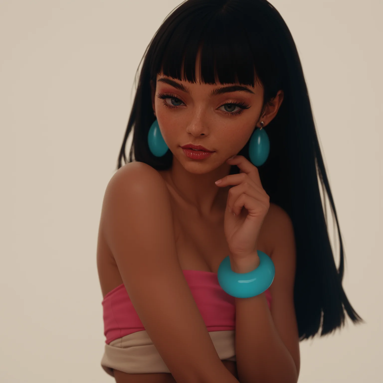 , score_9, score_8_up, score_7_up, high quality, best quality, highly detailed, 1girl, nsfw, sexy, PONY\zPDXLxxx, PONY\ffacedetailxl, PONY\zPDXL3, g0thicPXL, glowing, neon, Expressiveh, ChelXLP, dark skin, blunt bangs, long hair, black hair, jewelry, earrings, bracelets, makeup, tube top, loincloth, <lora:XL\Art Style\Disney Princess V2:1.0>, <lora:XL\Character\ChelXLP_Character-10:0.8>, <lora:XL\Art Style\IncaseLycoXL:0.5>, <lora:XL\Art Style\ExpressiveH:0.5>, <lora:XL\Art Style\Gothic_Neon_Style:0.4>