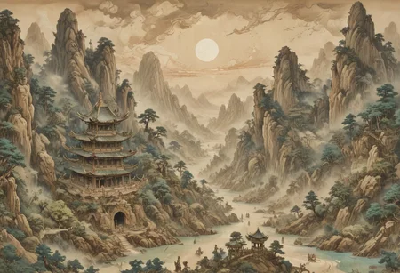 (Ink illustration on parchment, watercolor, ink splashes, Ukiyo-E). ((watercolor)), ((Chinese landscape)), Pagodas, Red-Trees, landscape focus, small figure off-side, Chinese Mountains, Rivers, Clouds, with watercolor washes, (((verdant green landscape))), (((mist, waterfalls))), trees, lush foliage, endless karth mountains that stretch outward to the horizon, a lone woman traversing the landscape!! wearing a bright blue cloak to make the miniscule figure stand out in a landscape dotted with the ruins of an ancient destroyed civilisation, crumbling stone, degraded buildings and temple, a long magical aurora borealis stretching across the sky, a broken moon high in the sky partially turned into an asteroid belt, a Saturn-like ringed-planet world, flickers of magical energy illuminating the land, in the far distance a giant wall of smoke is rising from the shattered earth in which a multitude of faces are forming and screaming, Ink splashes, rough ink sketch, Ghibli style, high contrast, stylized, dark skin, close up on face, head and shoulder, leather medieval top with lowered hood, Art Nouveau Style, detailxl, BadDream, dioramas,