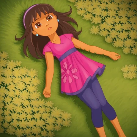 score_9, solo, dora_af, dark-skinned female, brown hair, long hair, hairband, earrings, brown eyes, dress, leggings, on back, from above, grass, flowers