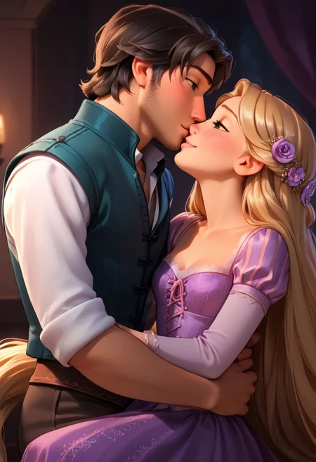 score_9,score_8_up,score_7_up, rapunzel, FlynnRider, muscular FlynnRider, rapunzel, couple, girl with green eyes, boy with brown eyes, happy, kissing