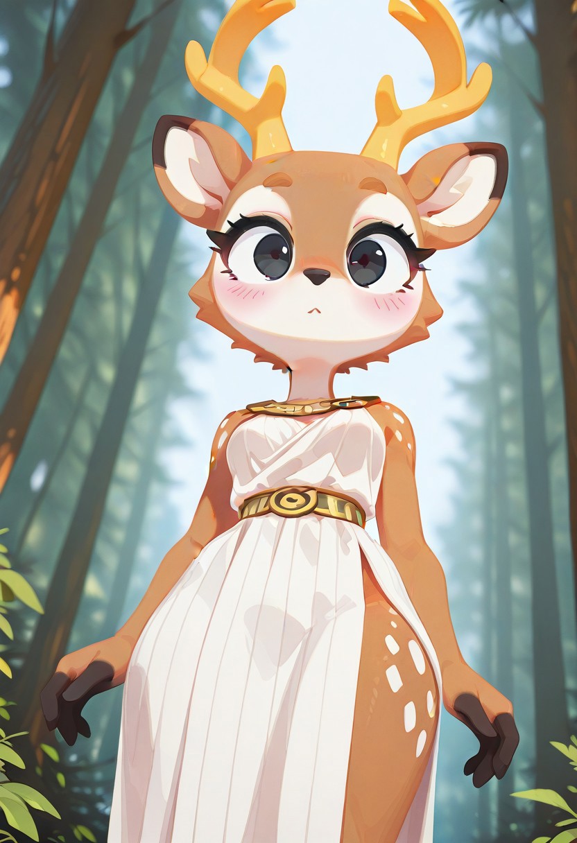 fabulosity_style, best quality, no lineart, no outline, flat color, blurry background, depth of field, thick eyelashes, 1girl, black eyes, ancient greek clothing, furry, furry female, deer girl, antlers, deer tail, forest, small breasts, from below, kawaii, blush
