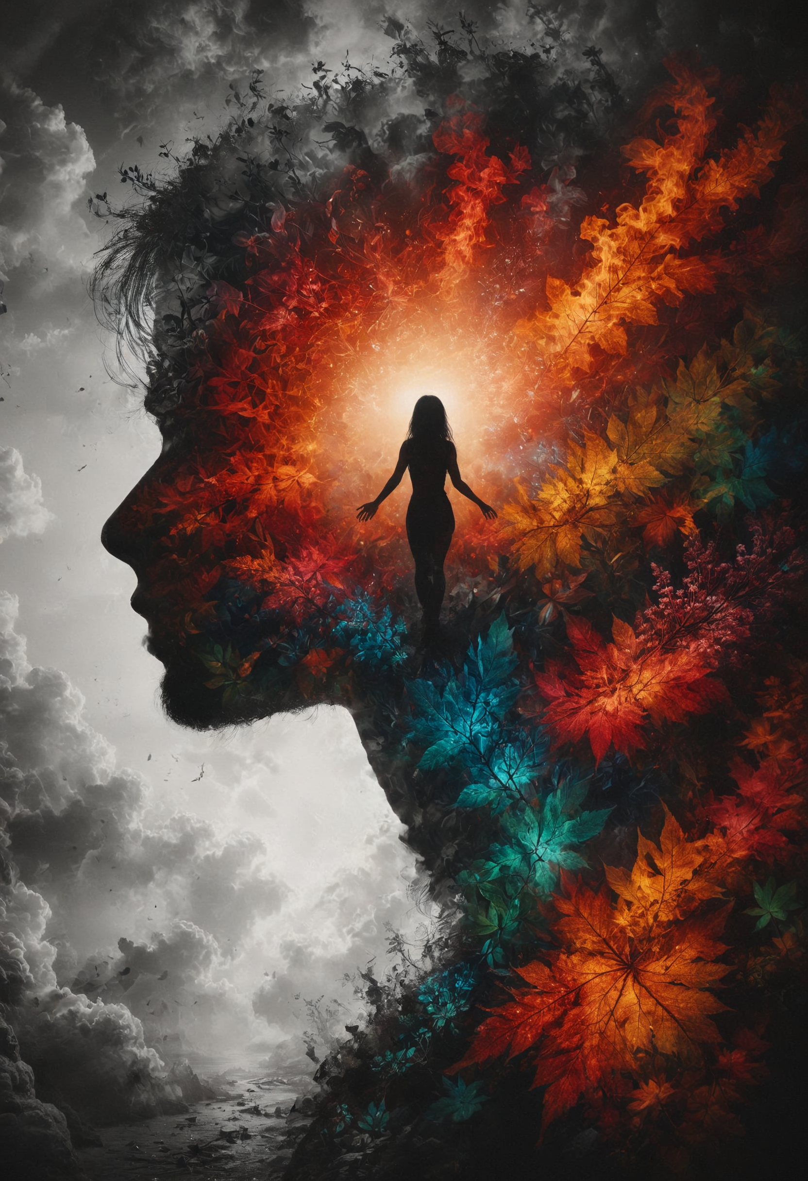 Masterpiece double exposure of a girl silhouette blending with monochrome apocalypse aftermath and a colorful natural landscape in the underlying backdrop, sharp contrast, detailed crisp lines, in focus, <lora:DoubleExposure:1>,