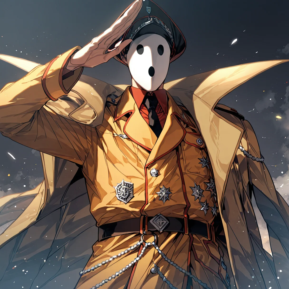 <lora:Pandora:1> 1boy, male focus, mask, solo, salute, highres, high quality, masterpiece, <lora:iLLMythAn1m3Style:1> mythan1m3, solo,