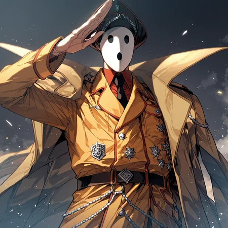<lora:Pandora:1> 1boy, male focus, mask, solo, salute, highres, high quality, masterpiece, <lora:iLLMythAn1m3Style:1> mythan1m3, solo,