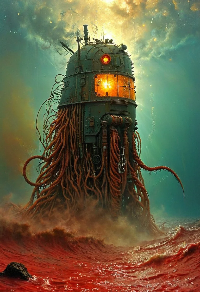 best quality,masterpiece,absurdes,solo,A mechanical military galactic destroyer swims in an toxic nuclear ocean,worm metal,rust,corrosion,complex and intricate design,panels, engines, windows,antennas,flag,tackle,anchor,robust construct,detailed reflections,waves,caustics,glow,energy sparks,grandeur,eerie mist,foggy,strong light beams,toxic and dangerous atmosphere, surreal and dystopian, post-apocalypse,science fiction, futuristic,high-tech,cybernetic, by zdzislaw beksinski,Marc Simonette,franz marc,ivan aivazovsky,Dariusz Zawadzki,H.R. Giger,Ridley Scott,nihei tsutomu, storm of the century, Renaissance,impressionism, Cryptic, (Sepia), (Space), (Pointillism),grisaille, red color guide,primary colors,contrast background, ultra detailed, intricate, oil on canvas, dry brush,bright lit,higly visible, contrast lighting,color contrast,colorful,vibrant, (surrealism), (disturbing),suspenseful, dramatic lighting, professional, excellent composition, visualy stunning, unprecedented, extraordinary, innovative, experimental, visionary, boundary-pushing, absolutely outstanding, dynamic, (double exposure), detailed background