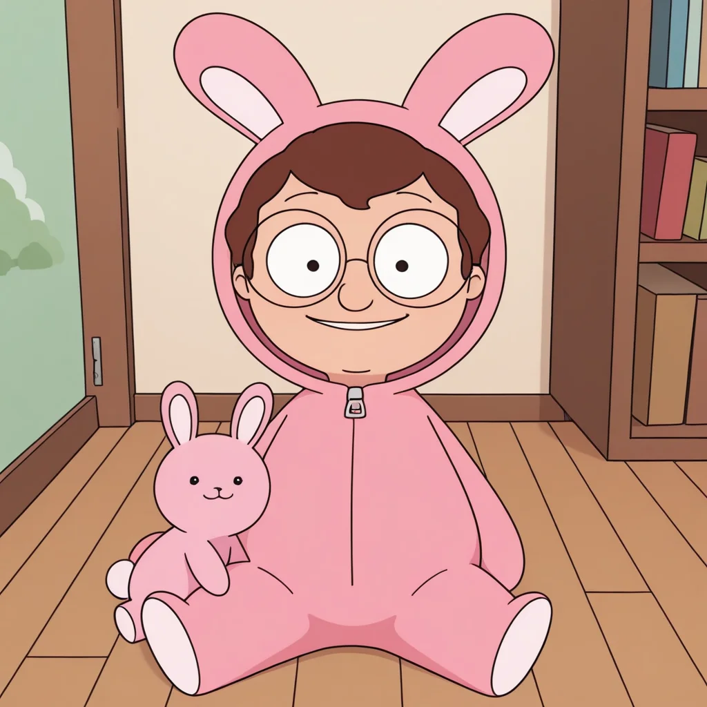 toon \(style\), (masterpiece, colorful, detailed background), <lora:mrfrond-v5:0.7> BREAK bb-mfbb, glasses, 1boy, baby, pink rabbit costume, smile, toddler, indoors, solo, sitting, very teddy bear, happy, from above, looking at viewer, parted lips,