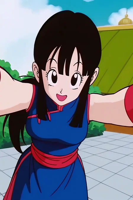 source_anime, score_9, score_8_up, score_7_up, anime screencap,8k, absurdres,
selfie, from above, happy, arm by side, chi-chi, 1girl, solo, long hair, breasts, looking at viewer, smile, open mouth, bangs, black hair, blue dress, standing, ponytail, :d, sidelocks, outdoors, sky, sleeveless, day, cloud, blunt bangs, black eyes, tree, blue sky, smile, eyelashes, chinese clothes, cloudy sky, red wristband, china dress, red sash,
<lora:chichidb_pony_v2:0.8>