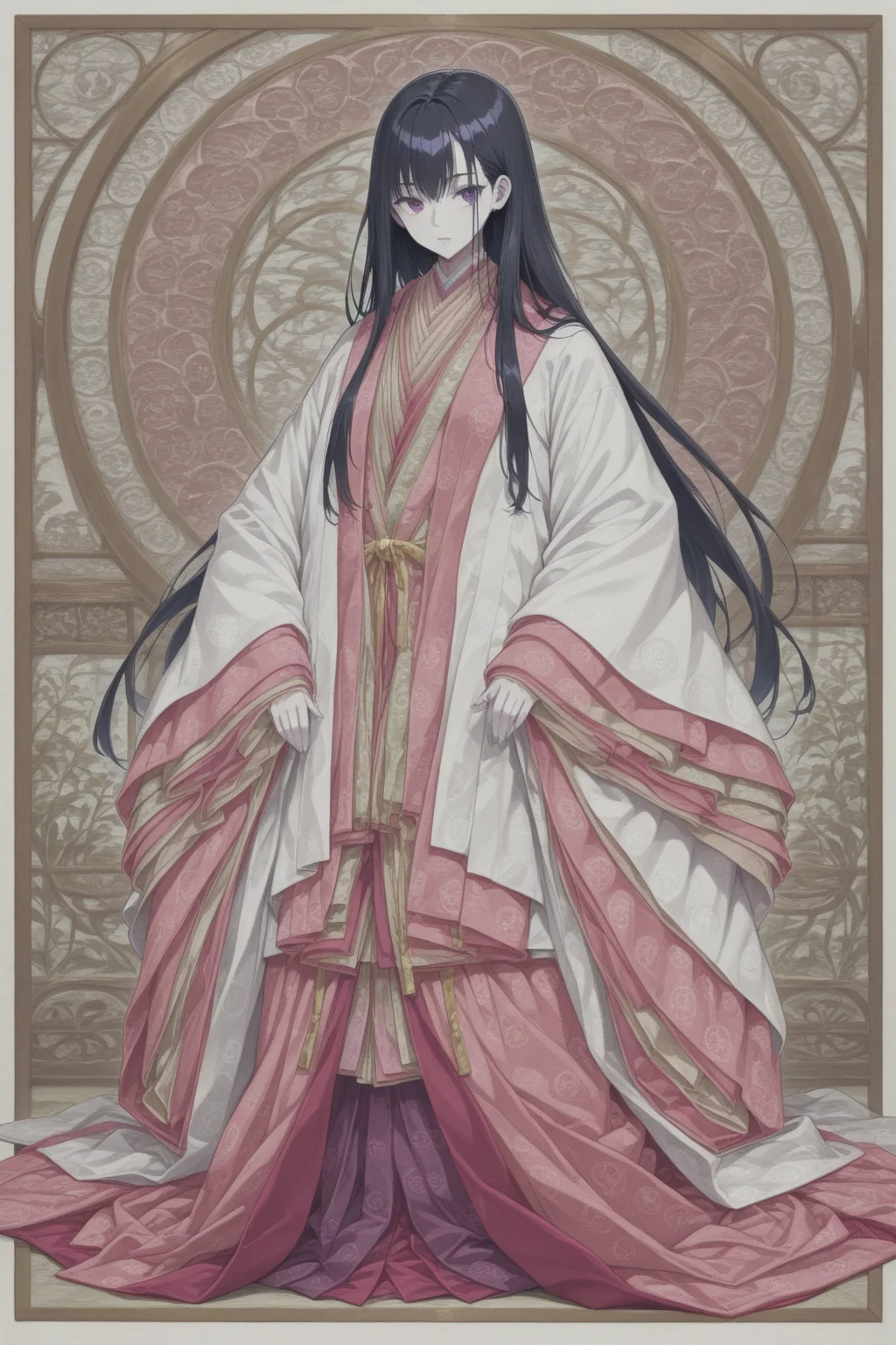 1girl,sexykaoruko,style_main,ultra-detailed,masterpiece,best quality,<lora:sexykaoruko_ill_v3:1>,full body,juunihitoe,traditional japanese clothes,layered kimono,long sleeves,heian period,long hair,black hair,purple eyes,layered kimono,white pale skin,8k