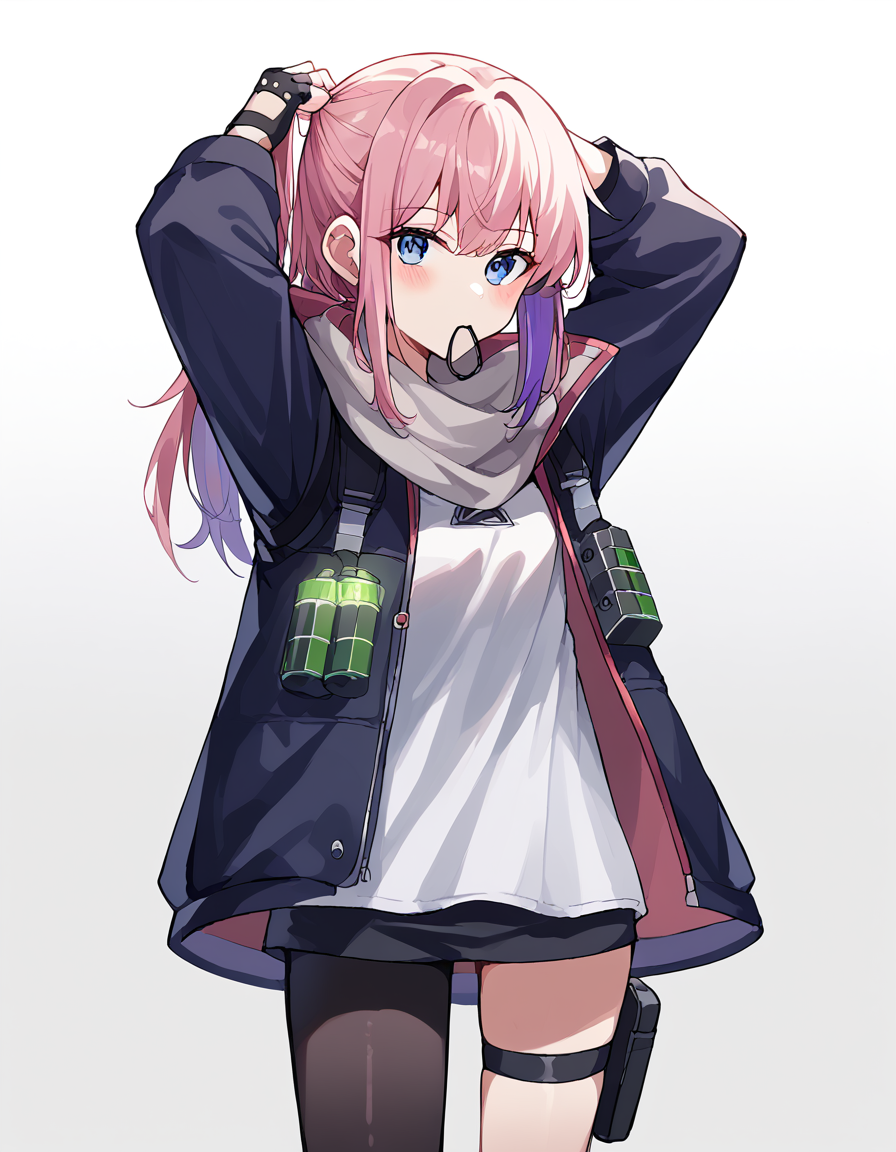 score_9, score_8_up, score_7_up, source_anime, <lora:girlsfrontline-st-ar-15-ponyxl-lora-nochekaiser:1>, st ar-15, blue eyes, hair ornament, long hair, multicolored hair, one side up, streaked hair, pink hair, purple hair,, asymmetrical legwear, black pantyhose, black socks, dress, fingerless gloves, gloves, grey scarf, holster, jacket, pantyhose, scarf, shirt, single leg pantyhose, single thighhigh, strap, thigh holster, thigh strap, thighhighs, uneven legwear, white shirt,, nuclear powerplant, radiation, cooling towers, danger, energy, , <lora:hair-tie-in-mouth-ponyxl-lora-nochekaiser:1>, hair tie in mouth, hair tie, mouth hold, rubber band, blush, tying hair, adjusting hair, hands in hair, arms up, arms behind head, ponytail, hand in own hair, hair lift, cowboy shot, looking at viewer, looking at viewer, solo,, dutch angle, cowboy shot